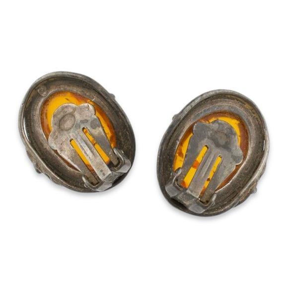 Vintage Baltic Amber Sterling Silver Clip On Earrings Leaf Design - Picture 5 of 8